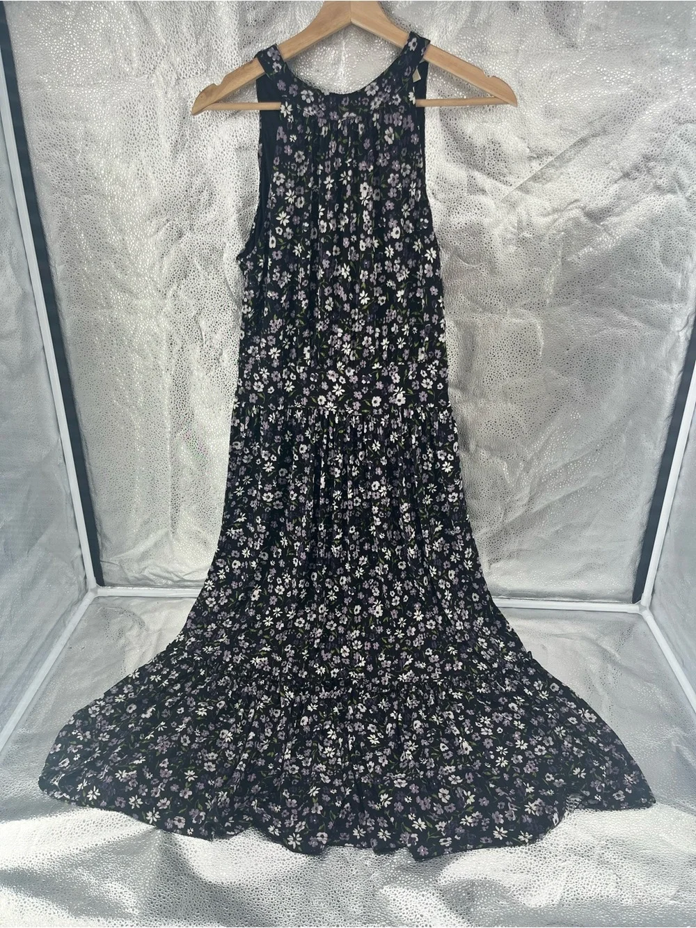 Michael Kors Floral Tiered Halter Dress Medium M Purple Black Ruffle Wedding Gst